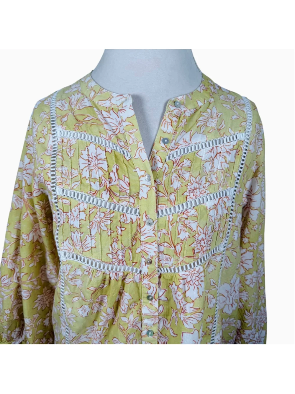 MAYE Paloma Shirt Havana Print Yellow Floral Cotton Pintuck Blouse Boho Size S
